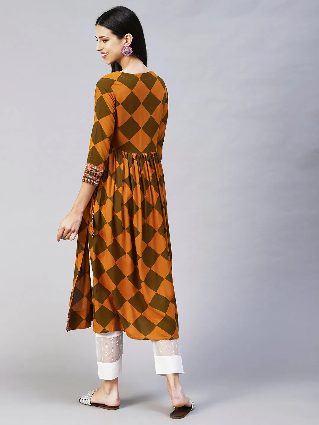 Checks Printed & Embroidered A-Line Kurta - Mustard