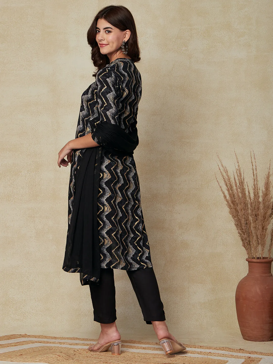 Chevron Printed Mirror Embroidered Kurta with Pants & Dupatta - Black