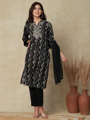 Chevron Printed Mirror Embroidered Kurta with Pants & Dupatta - Black