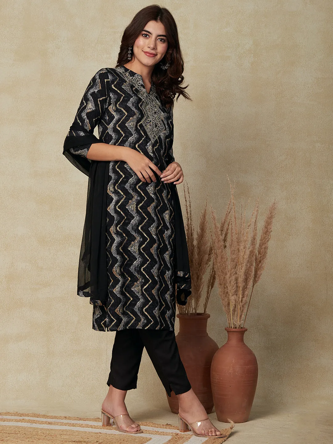 Chevron Printed Mirror Embroidered Kurta with Pants & Dupatta - Black