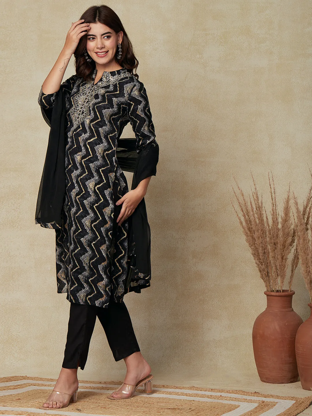 Chevron Printed Mirror Embroidered Kurta with Pants & Dupatta - Black