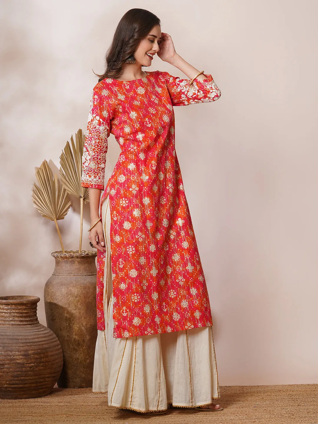 Chikankari Embroidered & Ethnic Foil Printed Straight Fit Kurta - Multi