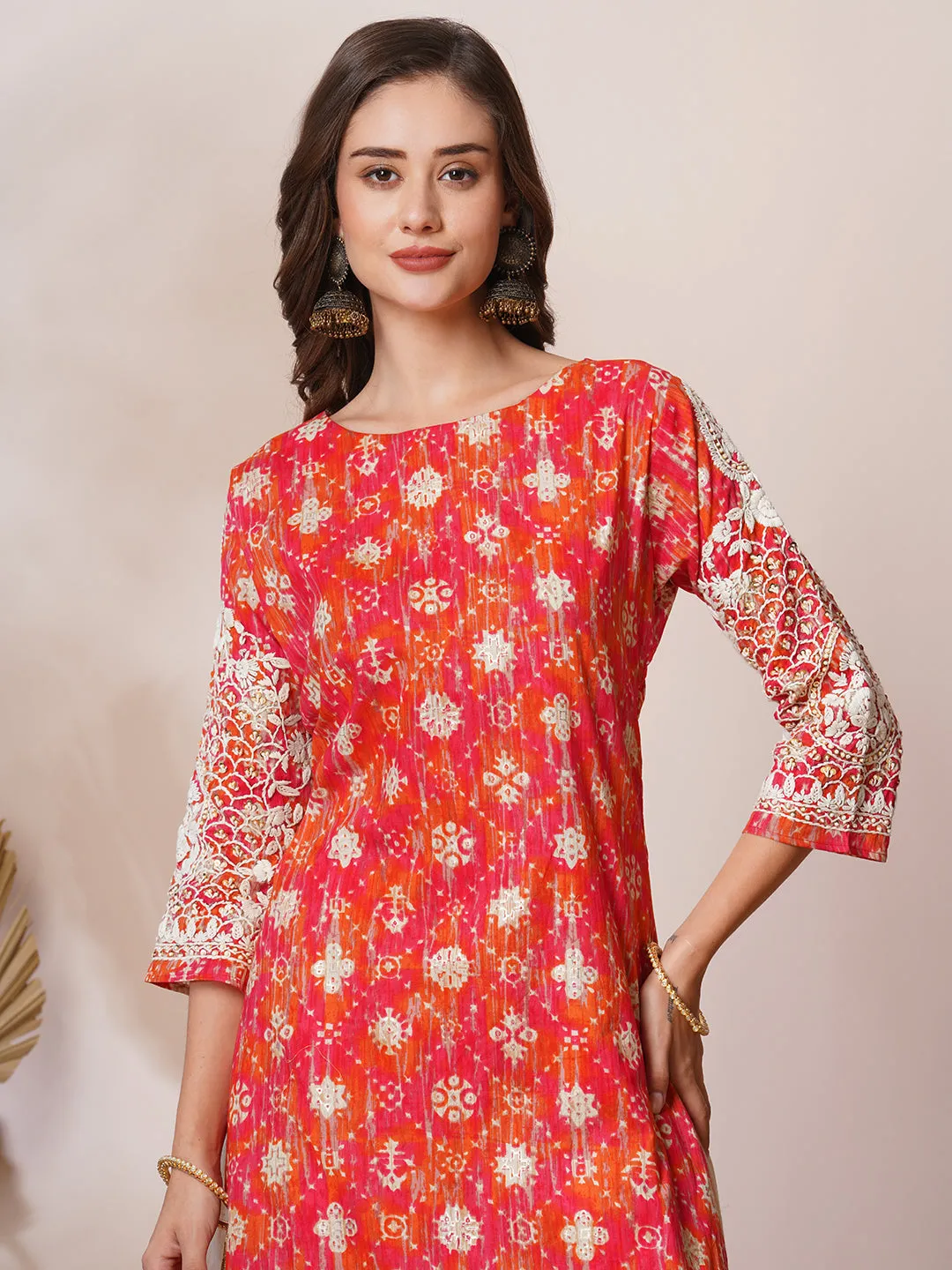 Chikankari Embroidered & Ethnic Foil Printed Straight Fit Kurta - Multi