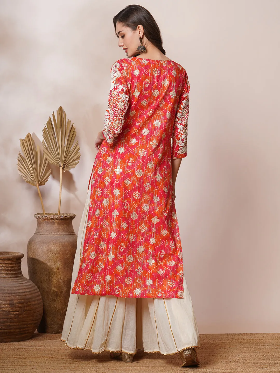 Chikankari Embroidered & Ethnic Foil Printed Straight Fit Kurta - Multi