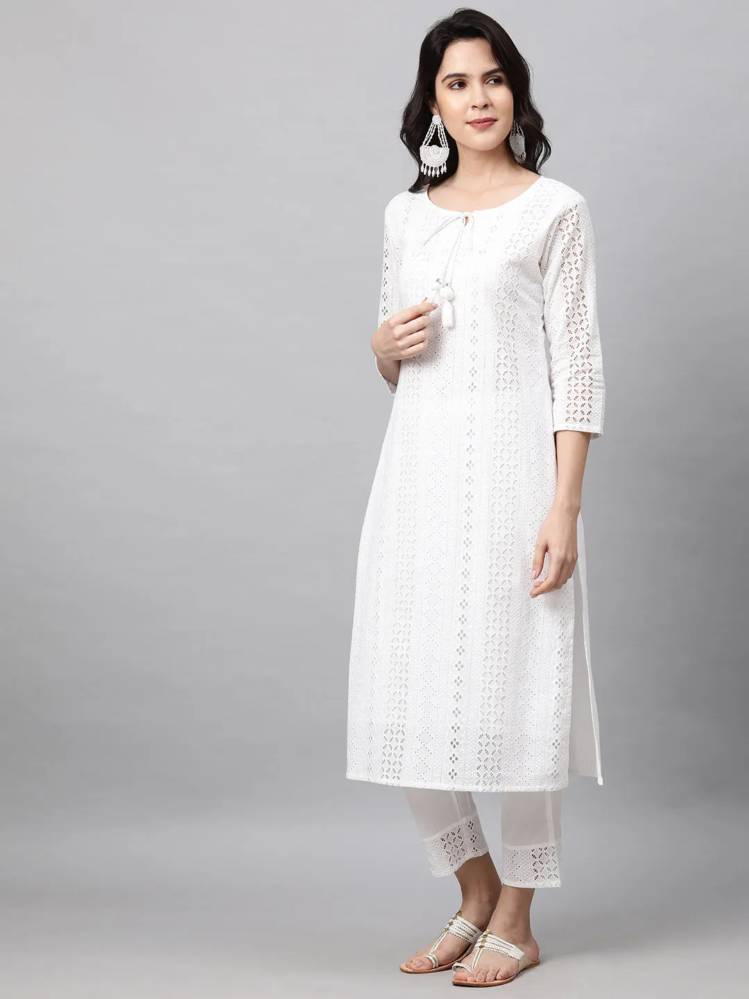 Chikankari Kurta with Pant and Rogan Dupatta - White