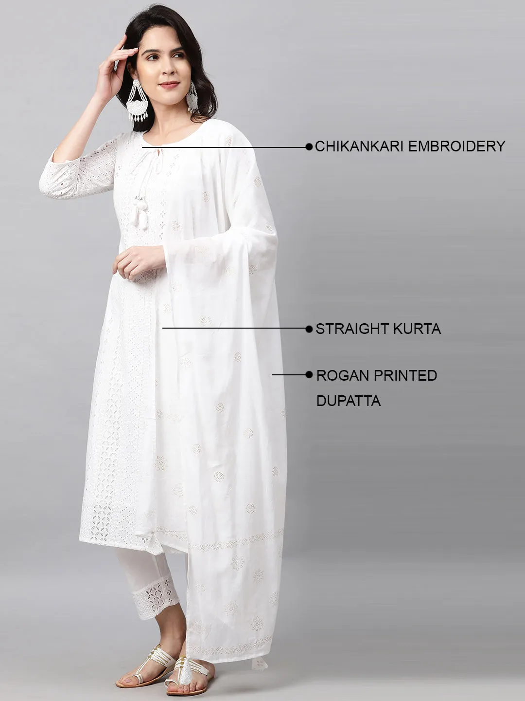 Chikankari Kurta with Pant and Rogan Dupatta - White