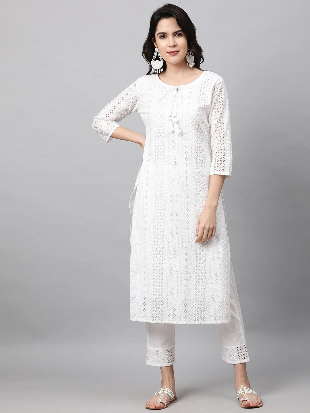 Chikankari Kurta with Pant and Rogan Dupatta - White