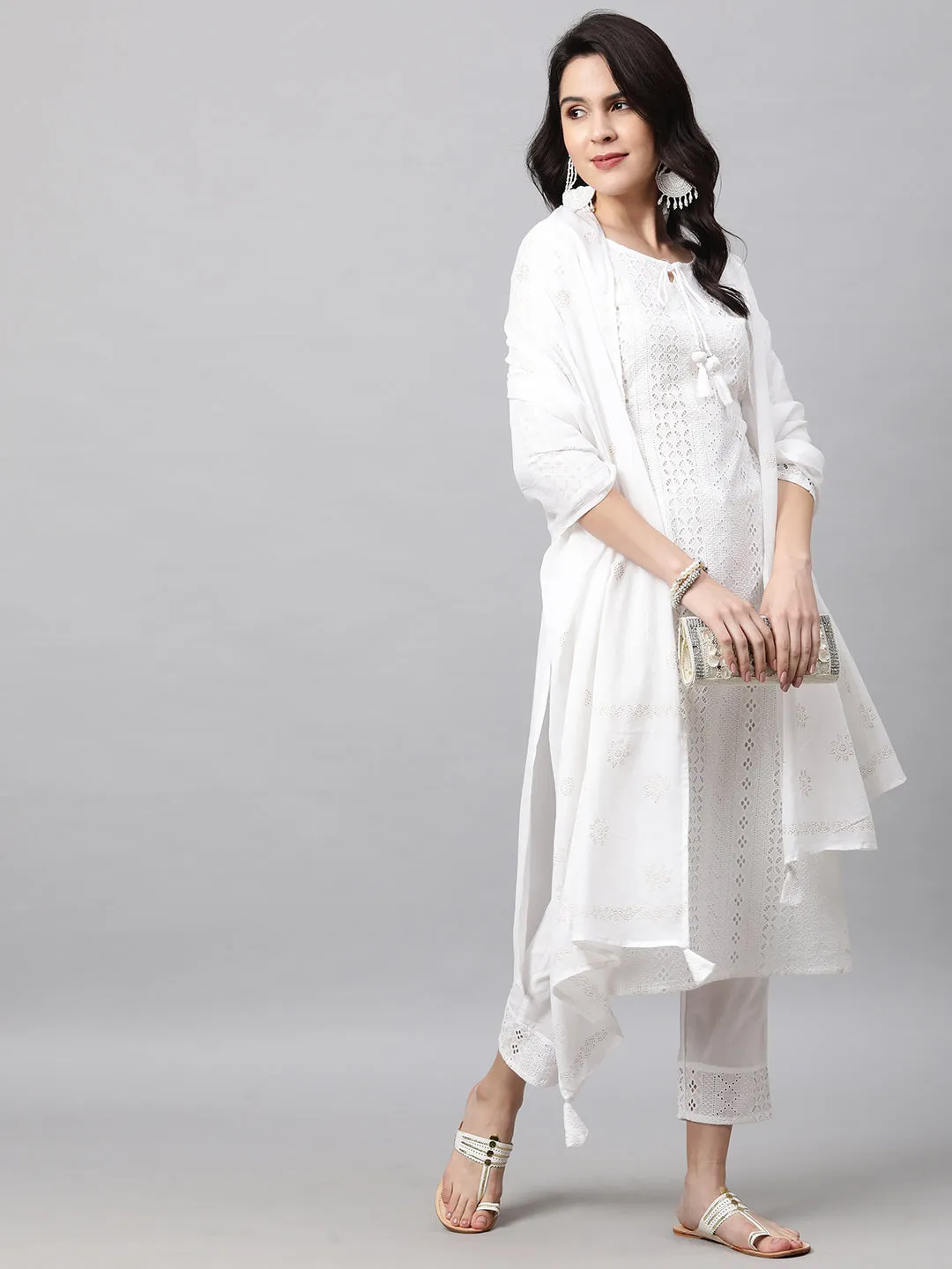 Chikankari Kurta with Pant and Rogan Dupatta - White