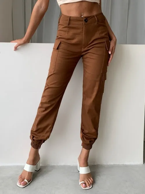 Dressmecb Solid Pockets Cargo Pants For Women High Waist Streetwear