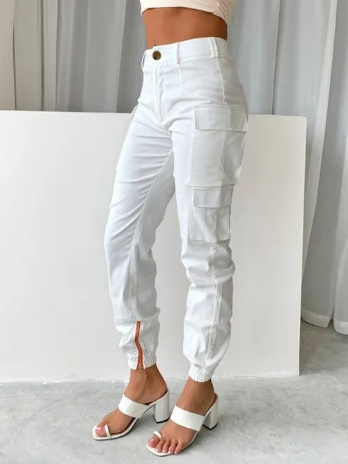 Dressmecb Solid Pockets Cargo Pants For Women High Waist Streetwear