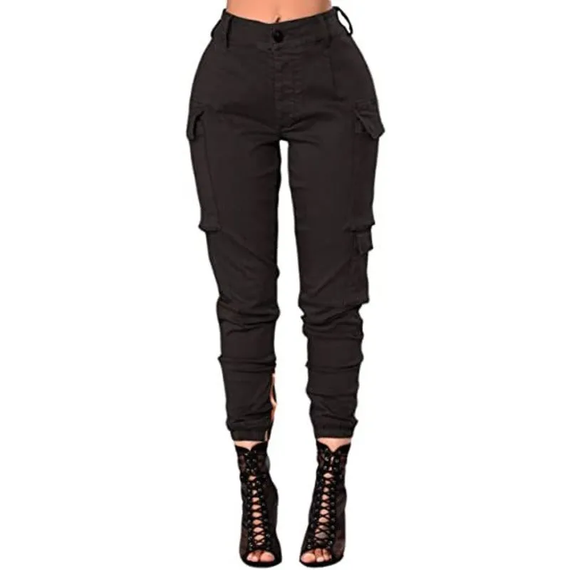 Dressmecb Solid Pockets Cargo Pants For Women High Waist Streetwear