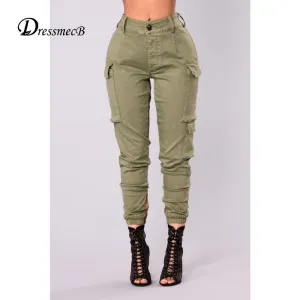 Dressmecb Solid Pockets Cargo Pants For Women High Waist Streetwear