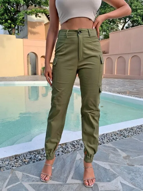 Dressmecb Solid Pockets Cargo Pants For Women High Waist Streetwear