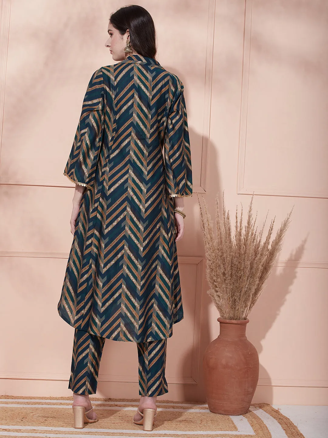 Ethnic Chevron Printed A-Line Paneled Kurta with Pant - Teal Blue