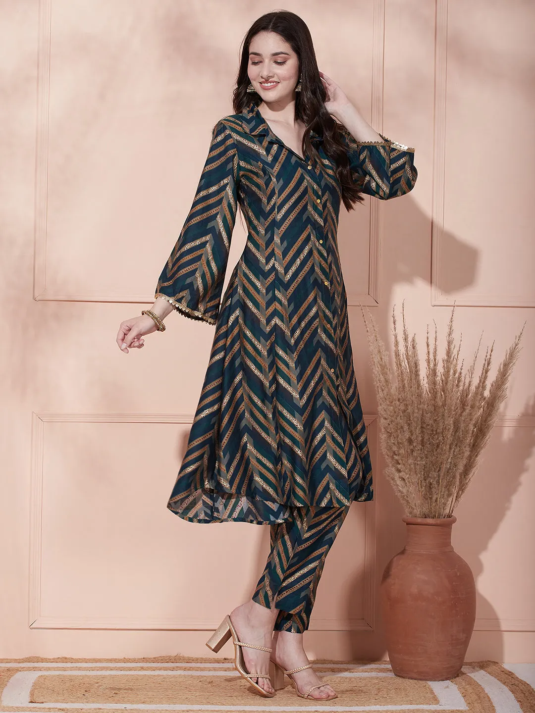 Ethnic Chevron Printed A-Line Paneled Kurta with Pant - Teal Blue