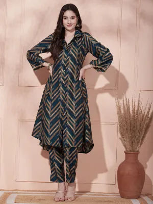 Ethnic Chevron Printed A-Line Paneled Kurta with Pant - Teal Blue