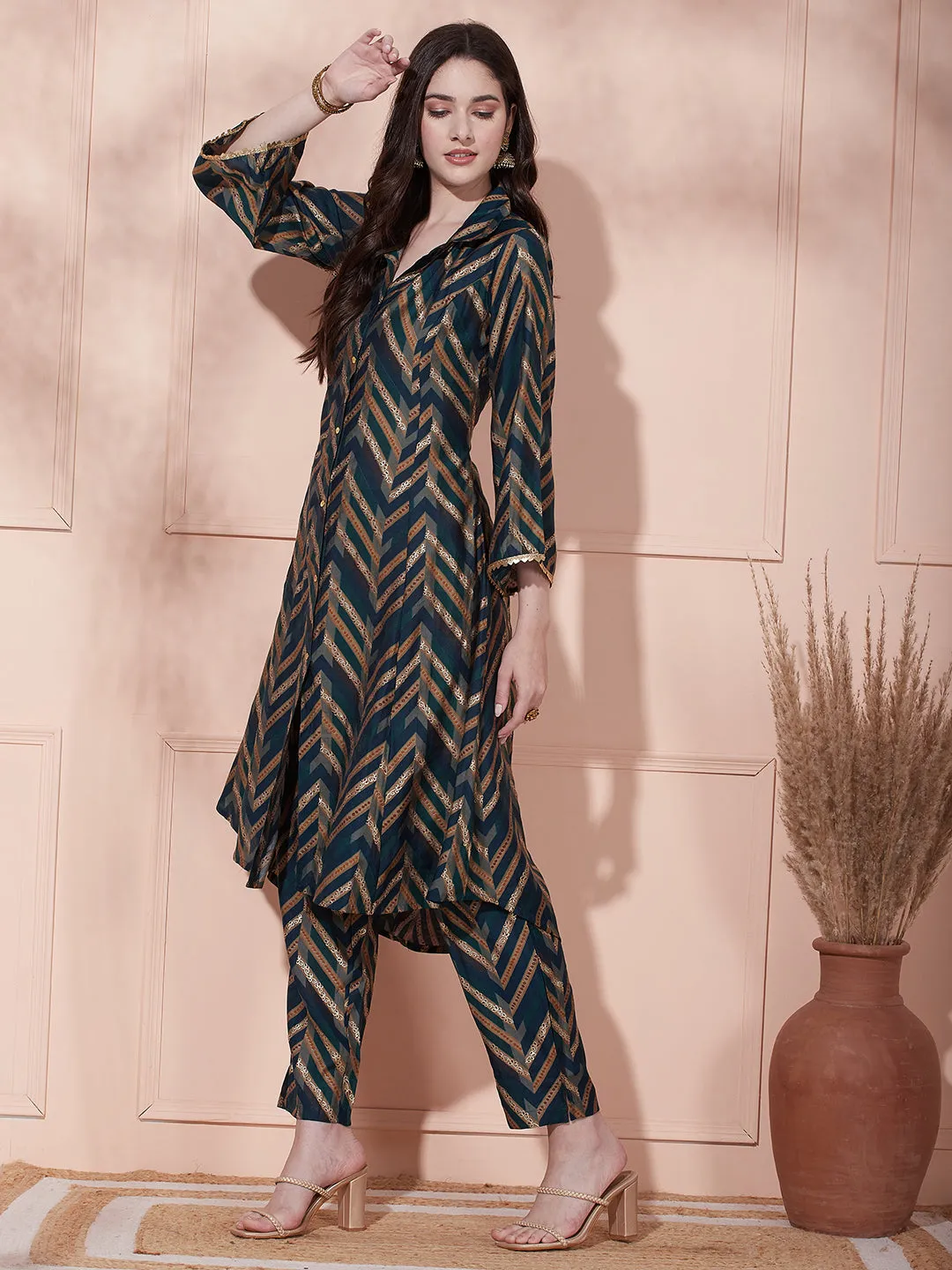 Ethnic Chevron Printed A-Line Paneled Kurta with Pant - Teal Blue