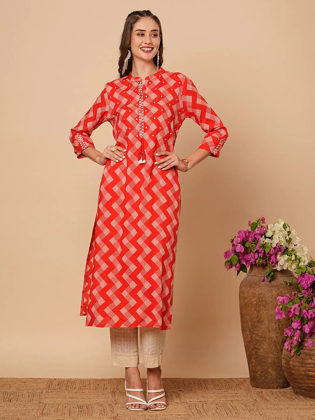 Ethnic Chevron Printed & Mirror Embroidered Straight Fit Kurta - Red