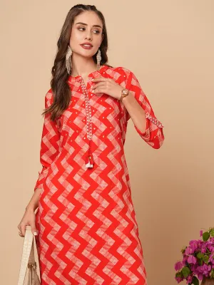 Ethnic Chevron Printed & Mirror Embroidered Straight Fit Kurta - Red