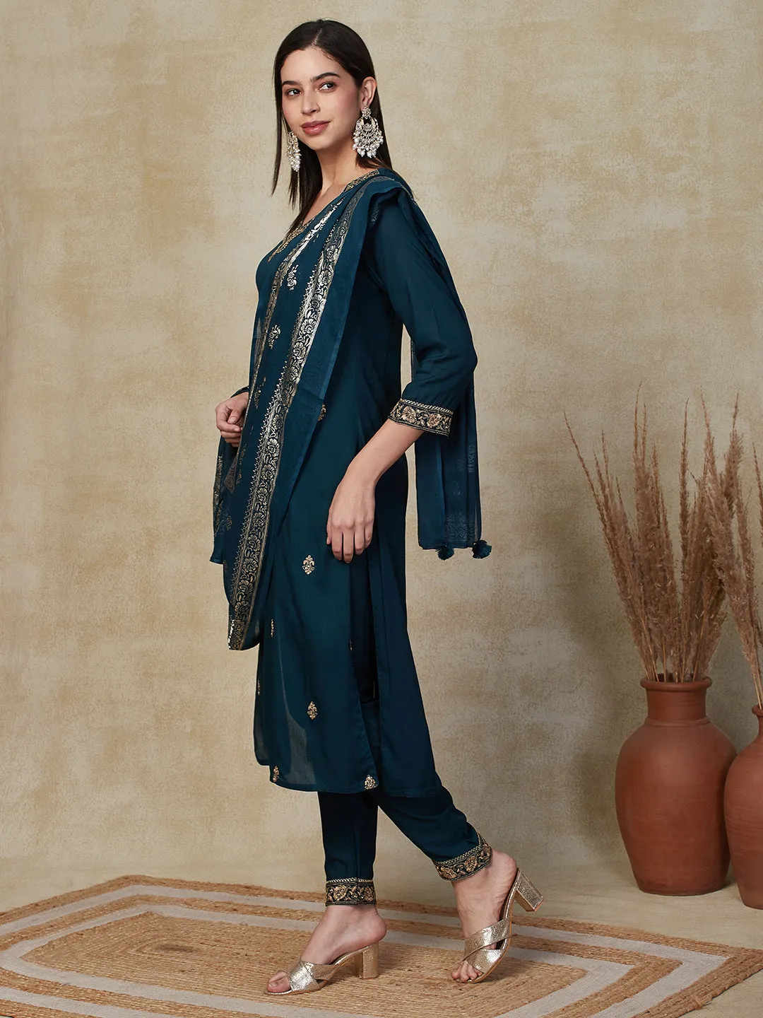 Ethnic Embroidered Straight Fit Kurta with Pant & Dupatta - Teal Green