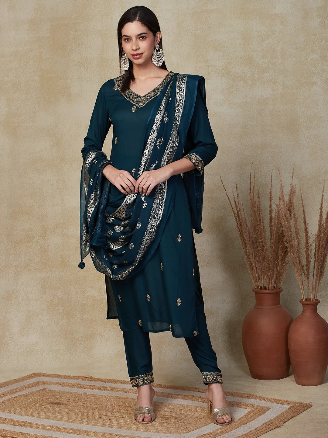 Ethnic Embroidered Straight Fit Kurta with Pant & Dupatta - Teal Green