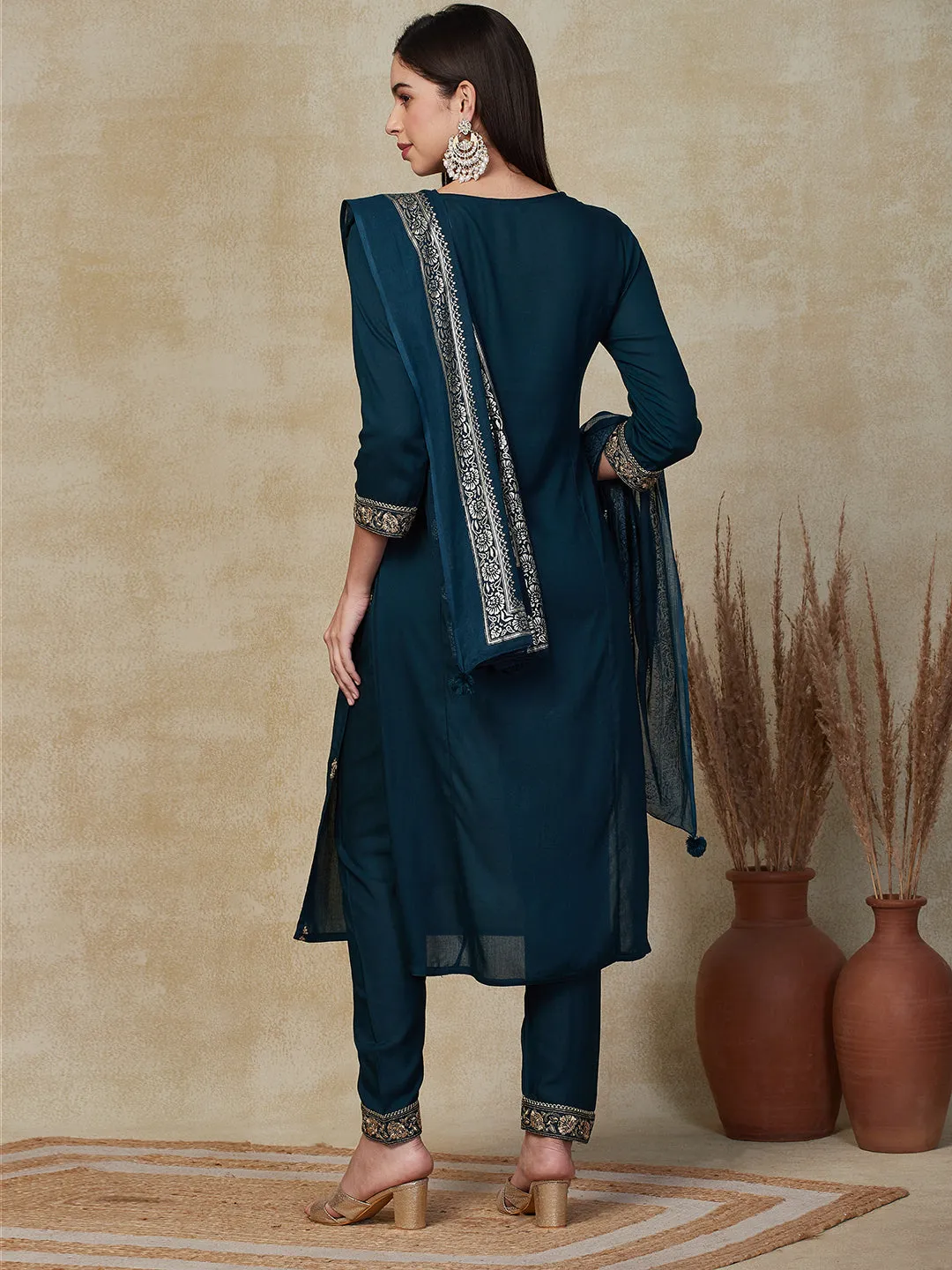 Ethnic Embroidered Straight Fit Kurta with Pant & Dupatta - Teal Green