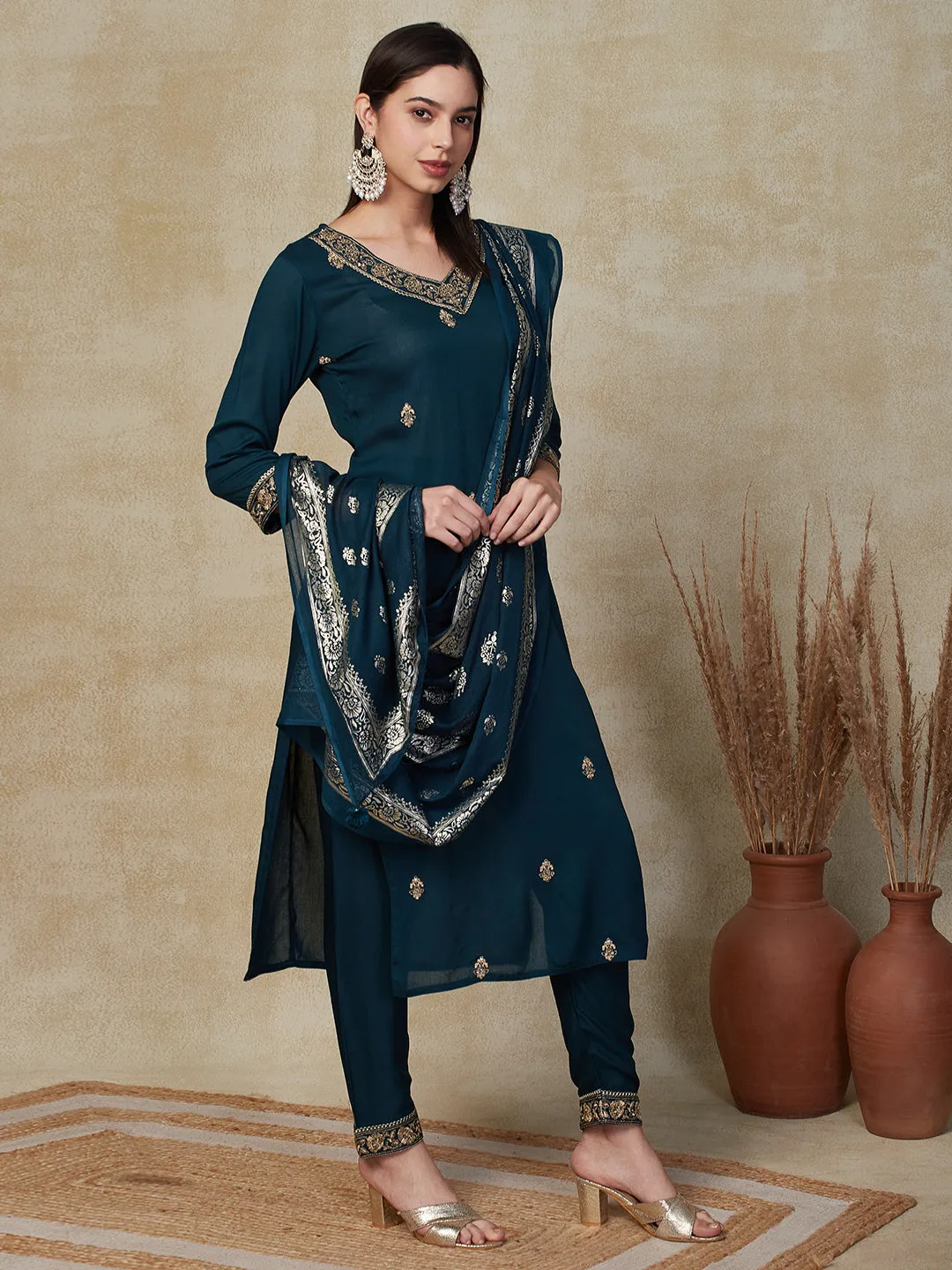 Ethnic Embroidered Straight Fit Kurta with Pant & Dupatta - Teal Green