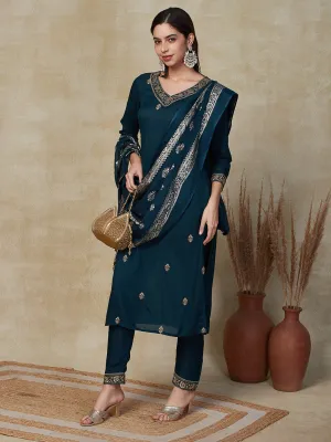 Ethnic Embroidered Straight Fit Kurta with Pant & Dupatta - Teal Green