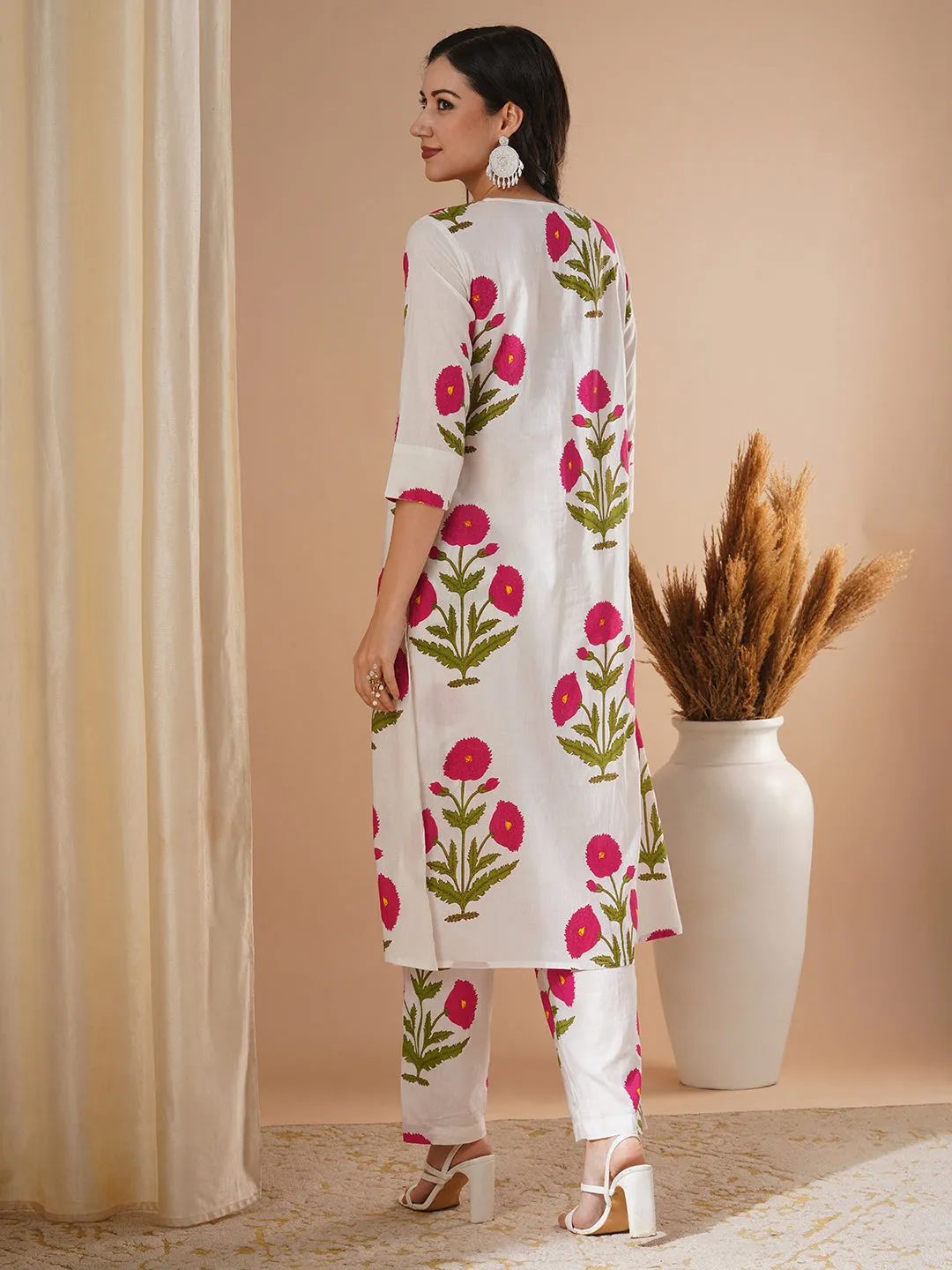 Ethnic Floral Block Printed A-Line Co-ord Set - Pink