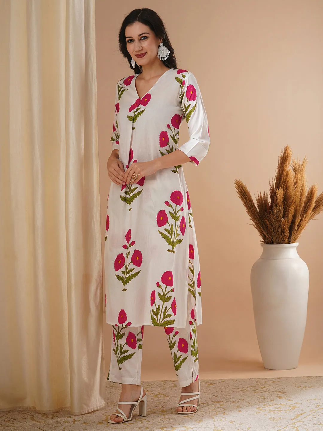 Ethnic Floral Block Printed A-Line Co-ord Set - Pink