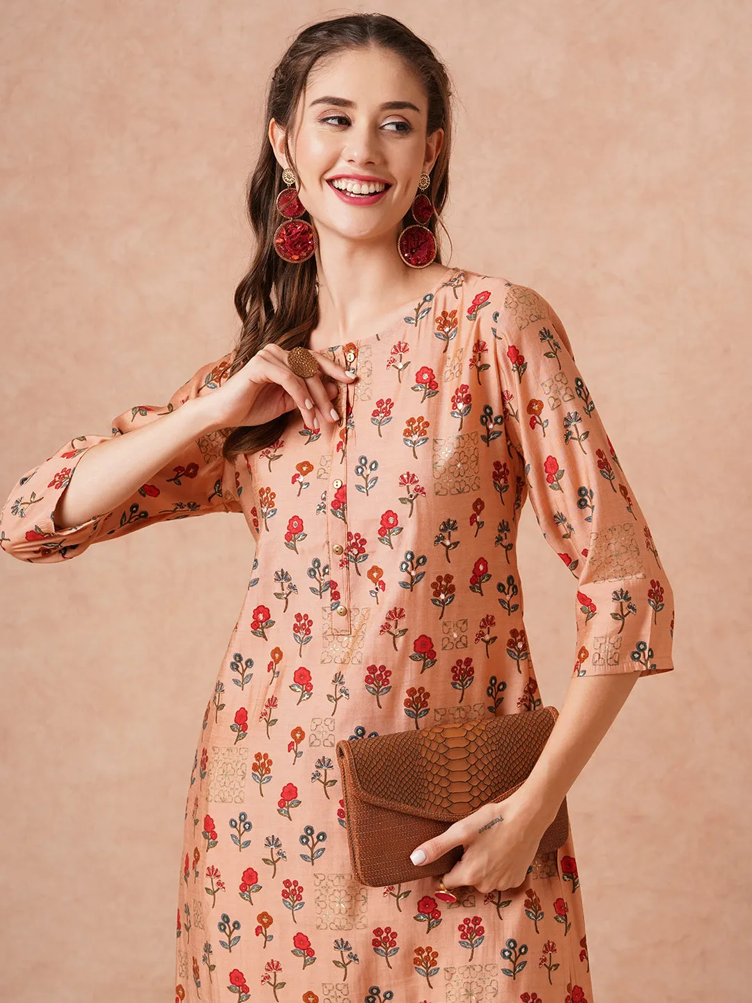 Ethnic Floral Foil Printed Straight Fit Kurta with Pant - Peach