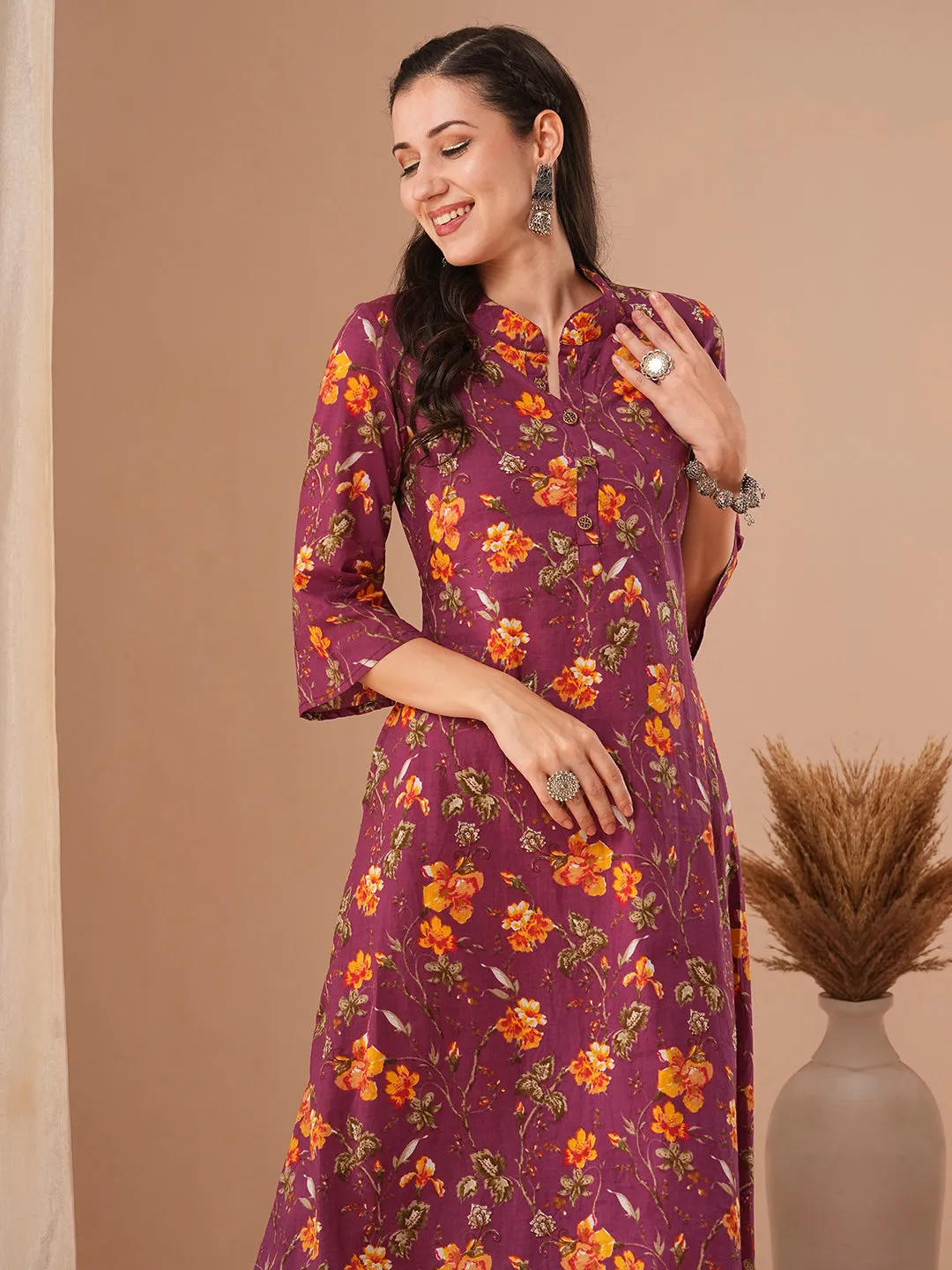 Ethnic Floral Printed A-Line Kurta with Pant - Purple