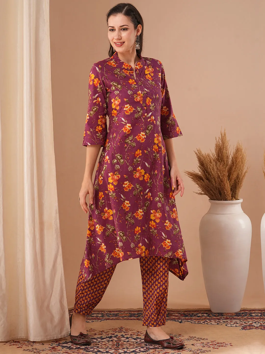 Ethnic Floral Printed A-Line Kurta with Pant - Purple