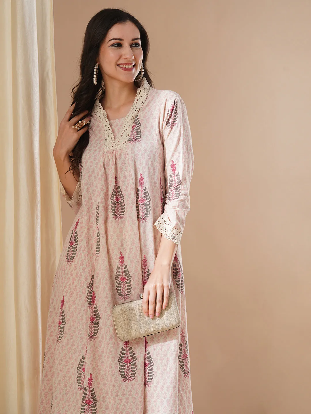 Ethnic Floral Printed A-Line Paneled Kurta with Palazzo - Off White