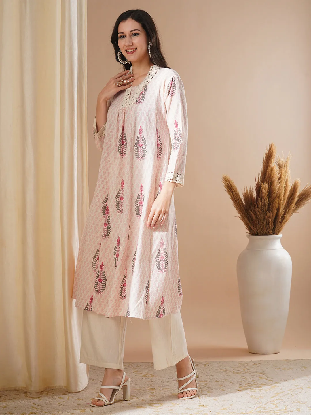 Ethnic Floral Printed A-Line Paneled Kurta with Palazzo - Off White