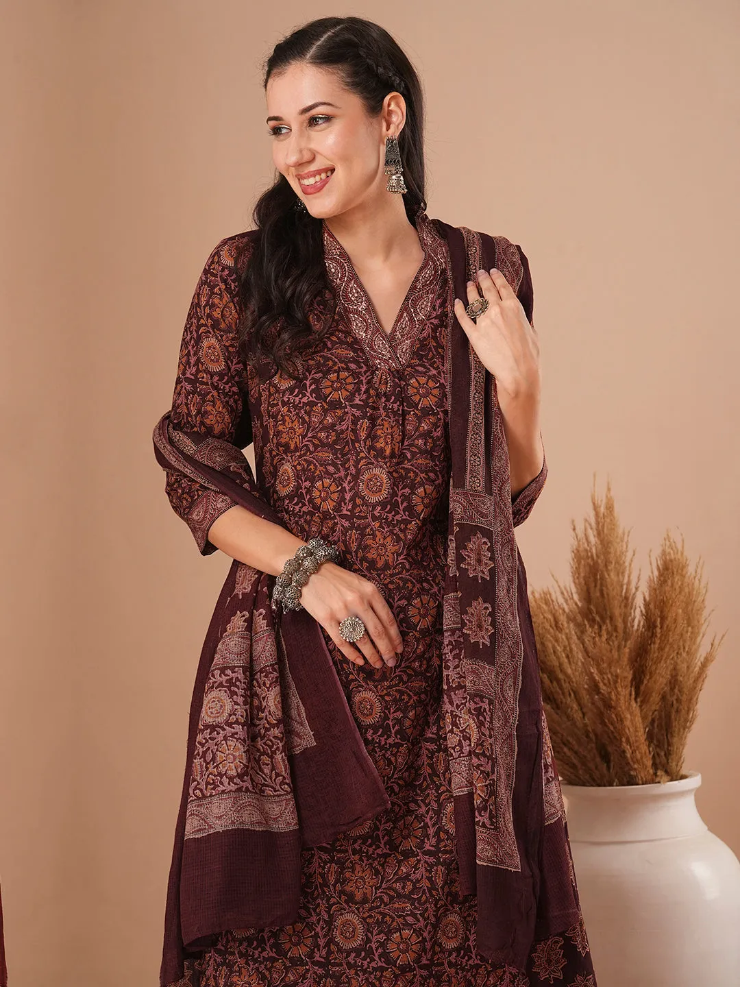 Ethnic Floral Printed A-Line Paneled Kurta with Pant and Dupatta - Black