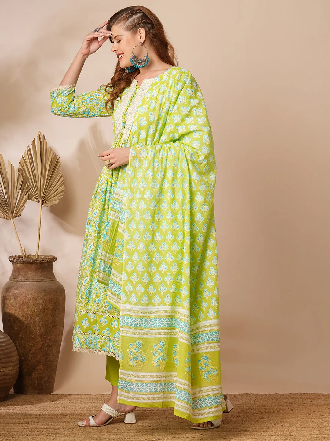 Ethnic Floral Printed A-Line Pleated Kurta with Pant and Printed Dupatta - Lime Green