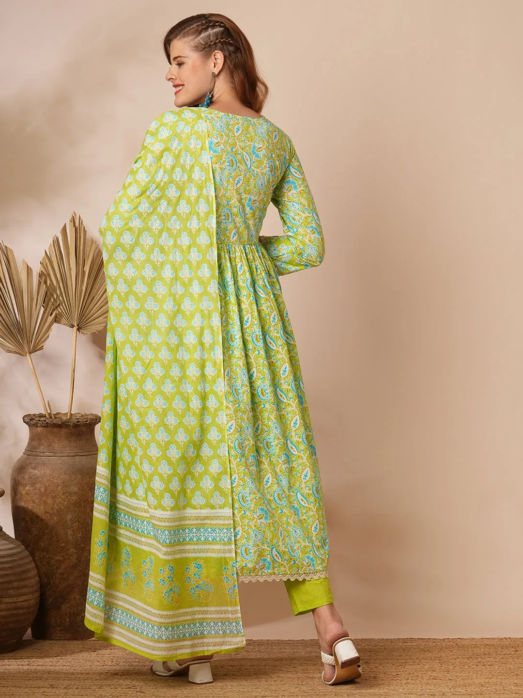 Ethnic Floral Printed A-Line Pleated Kurta with Pant and Printed Dupatta - Lime Green