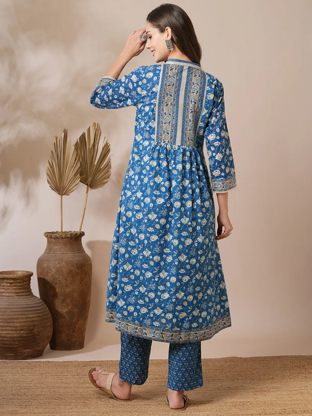 Ethnic Floral Printed A-Line Pleated Kurta with Pant - Blue