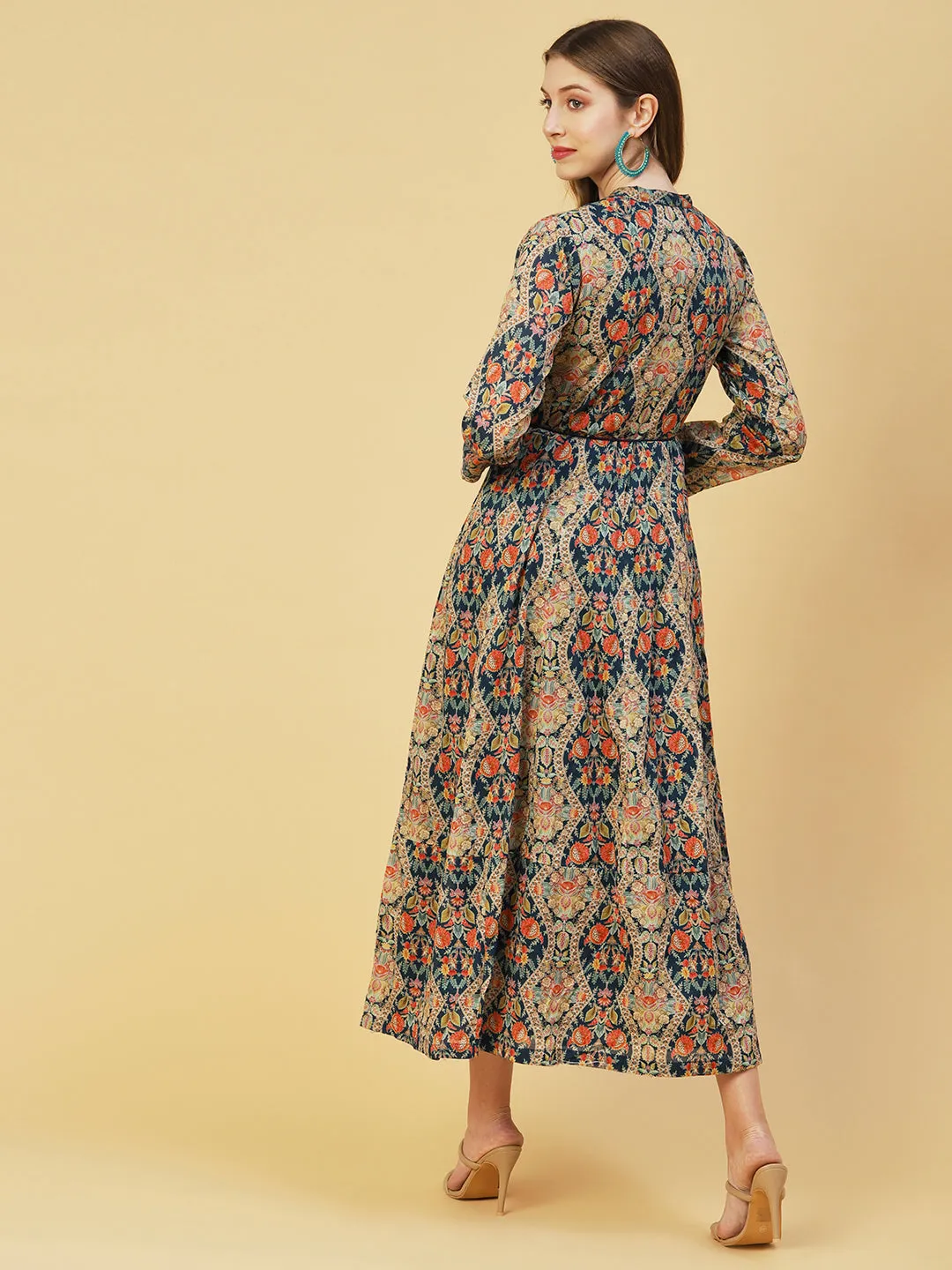 Ethnic Floral Printed & Embroidered Anarkali Flared Maxi Dress - Teal Blue