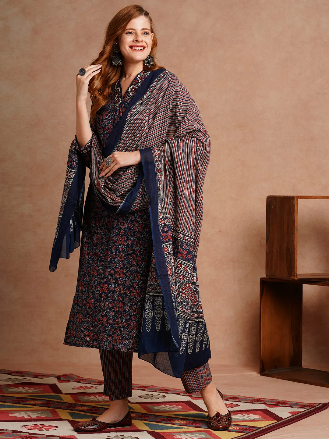 Ethnic Floral Printed & Embroidered Straight Fit Kurta with Pant and Dupatta - Blue