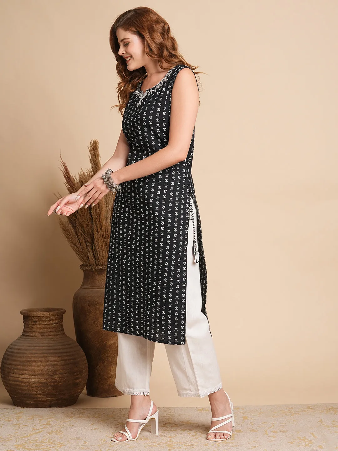 Ethnic Floral Printed & Embroidered Straight Fit Kurta with Tie - Ups - Black