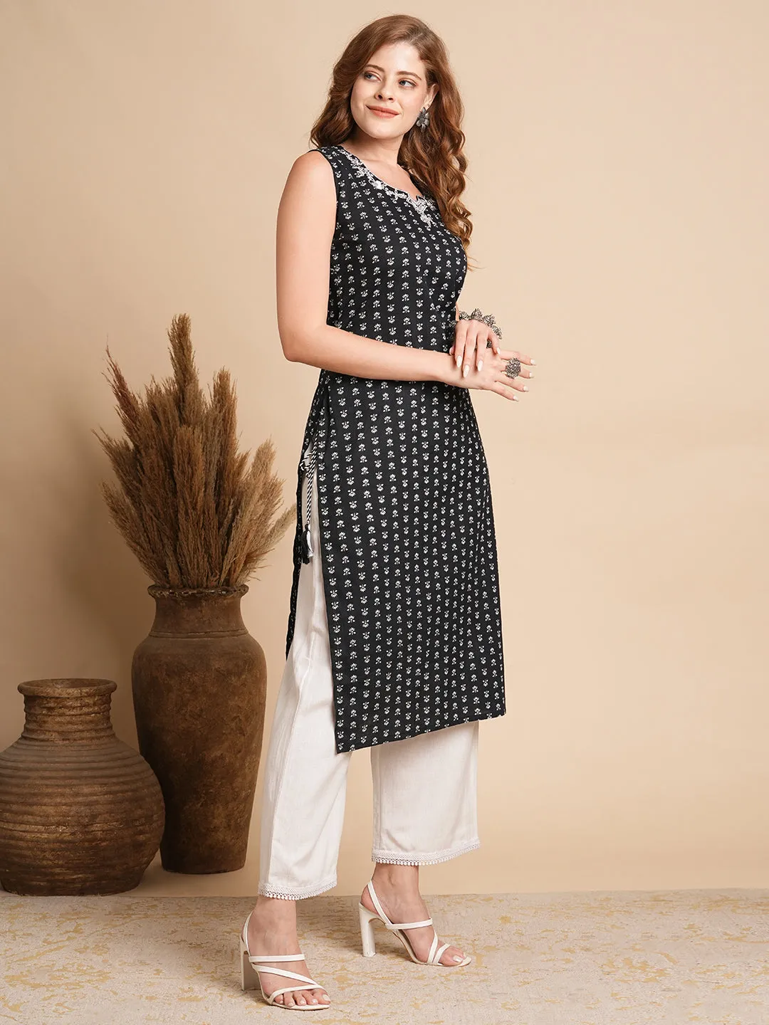 Ethnic Floral Printed & Embroidered Straight Fit Kurta with Tie - Ups - Black