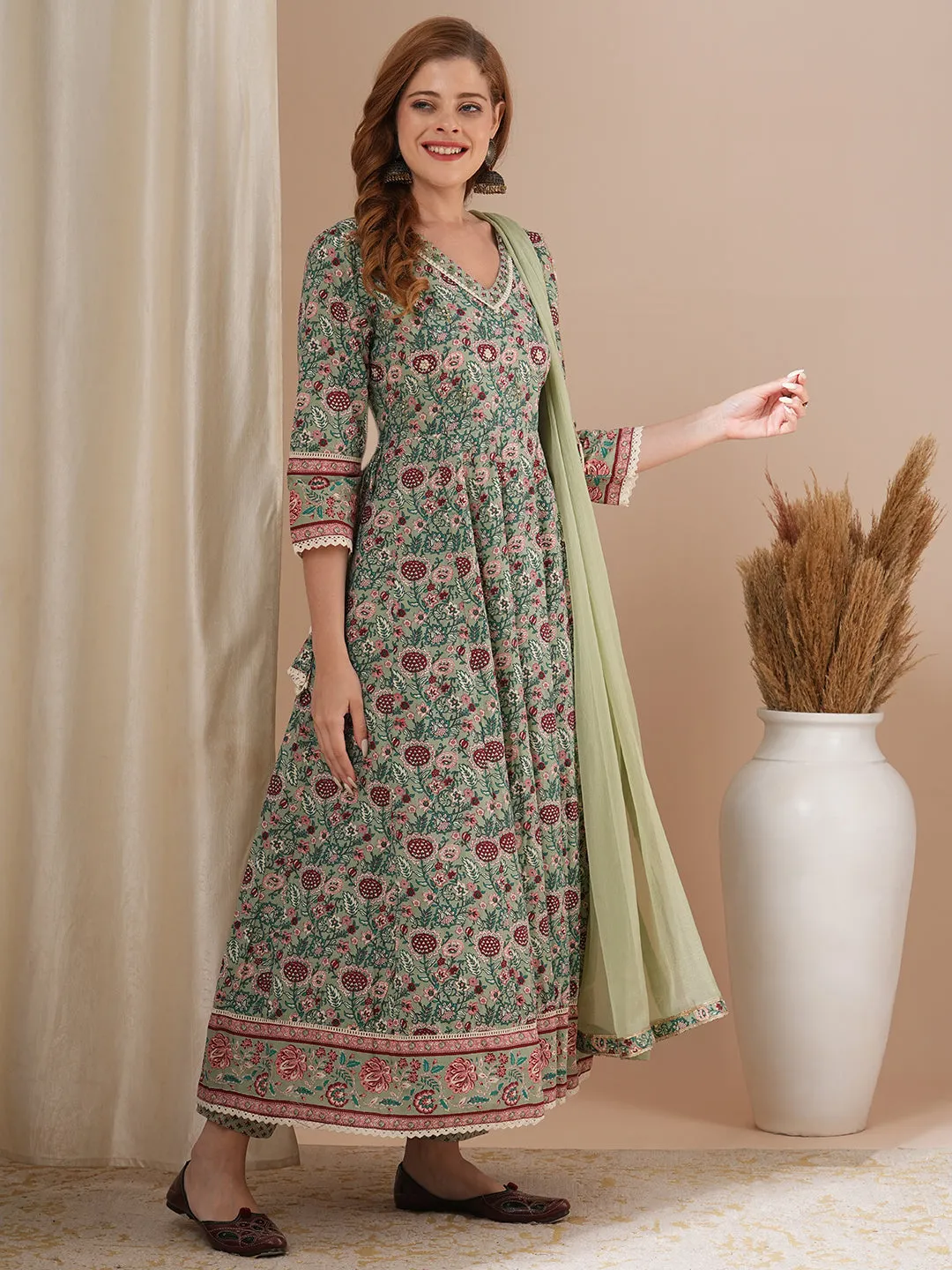 Ethnic Floral Printed & Hand Embroidered Anarkali Kurta with Pant & Dupatta - Mint Green