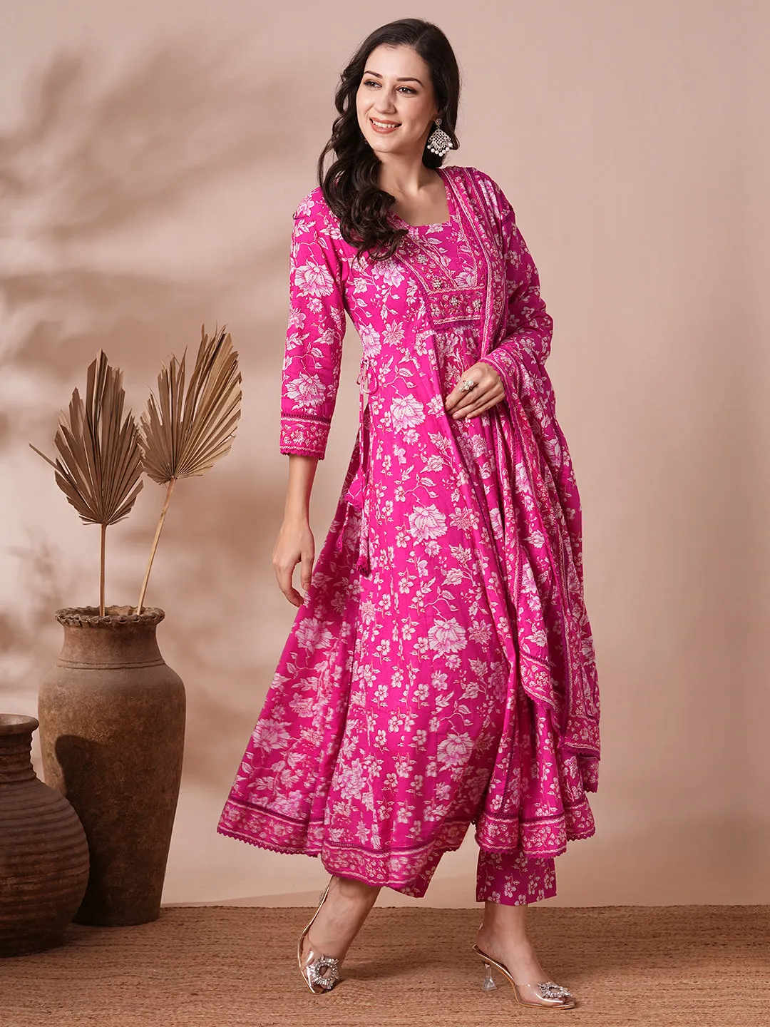 Ethnic Floral Printed Embroidered Anarkali Flared Kurta with Pant and Dupatta - Pink