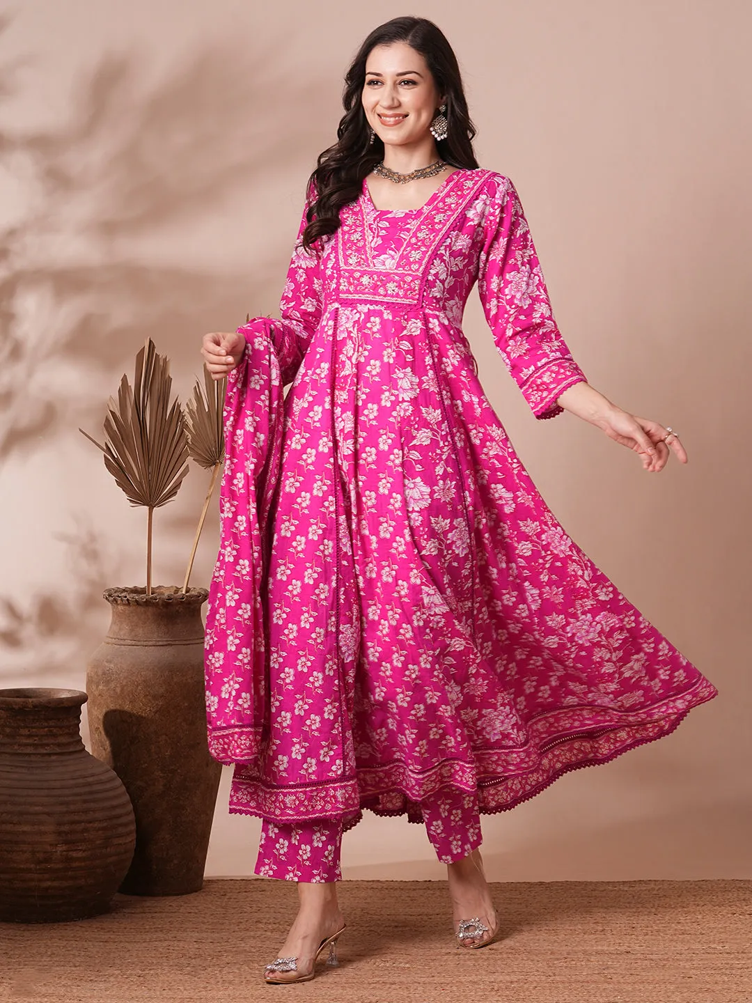 Ethnic Floral Printed Embroidered Anarkali Flared Kurta with Pant and Dupatta - Pink