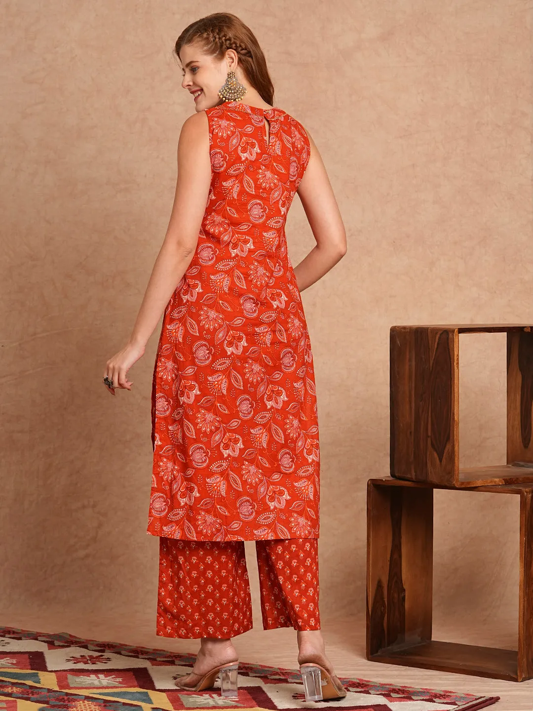 Ethnic Floral Printed Straight Fit Kurta with Palazzo- Rust