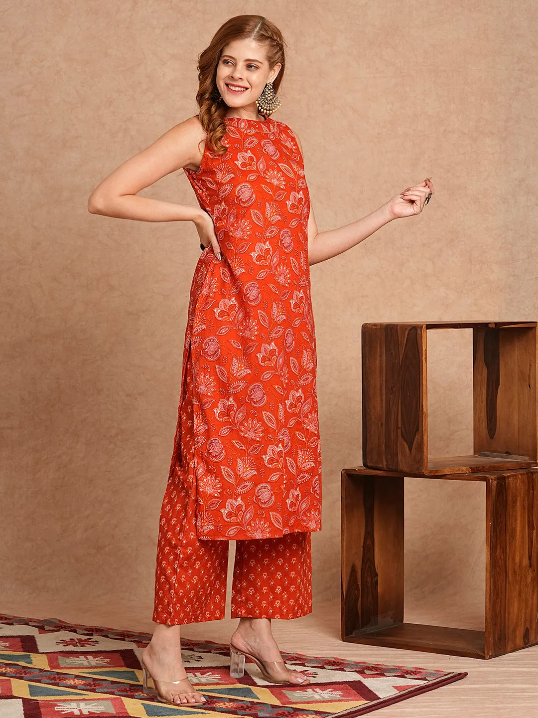 Ethnic Floral Printed Straight Fit Kurta with Palazzo- Rust