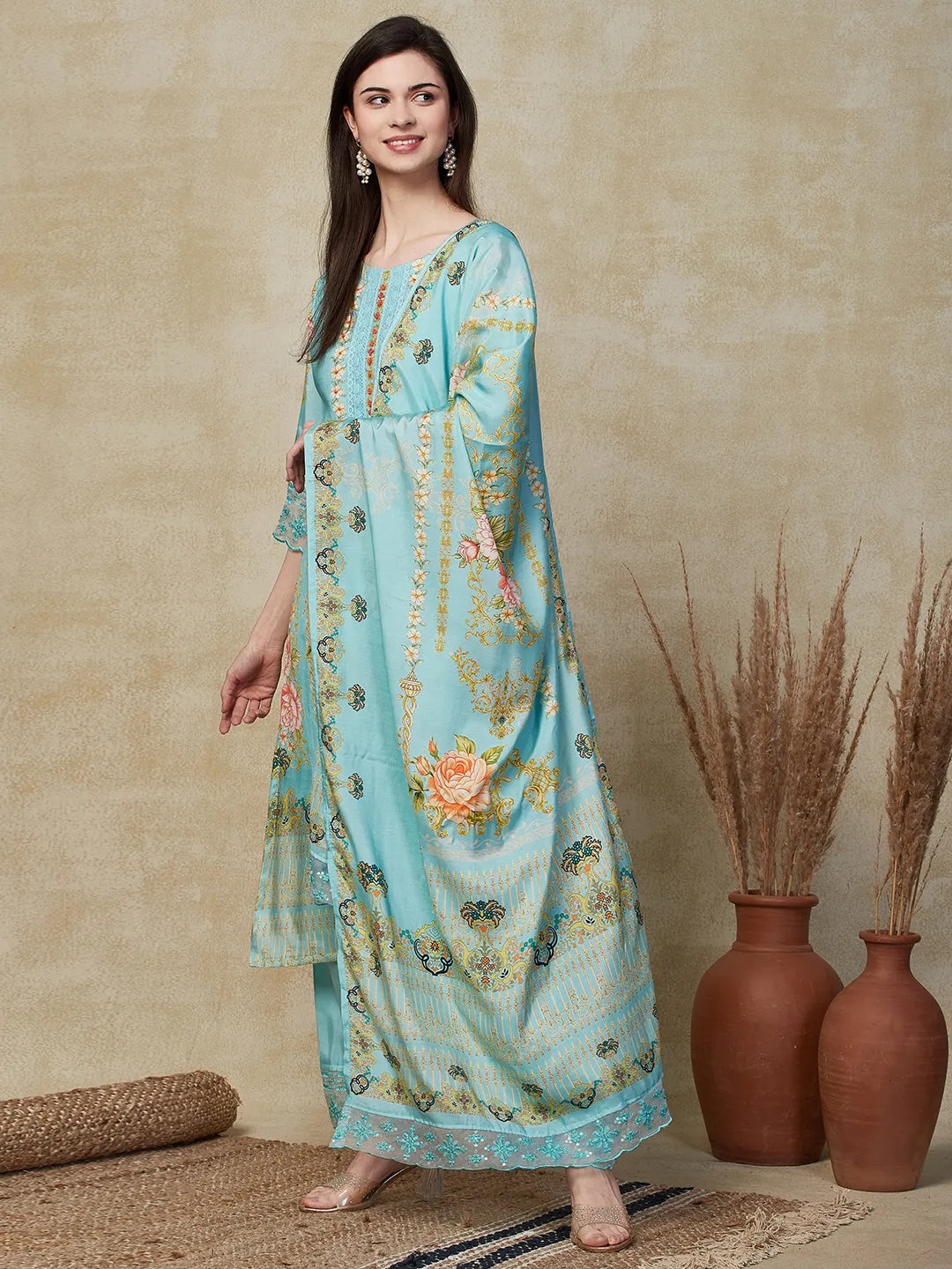 Ethnic Floral Printed Straight Fit Kurta with Pant & Dupatta - Turquoise Blue