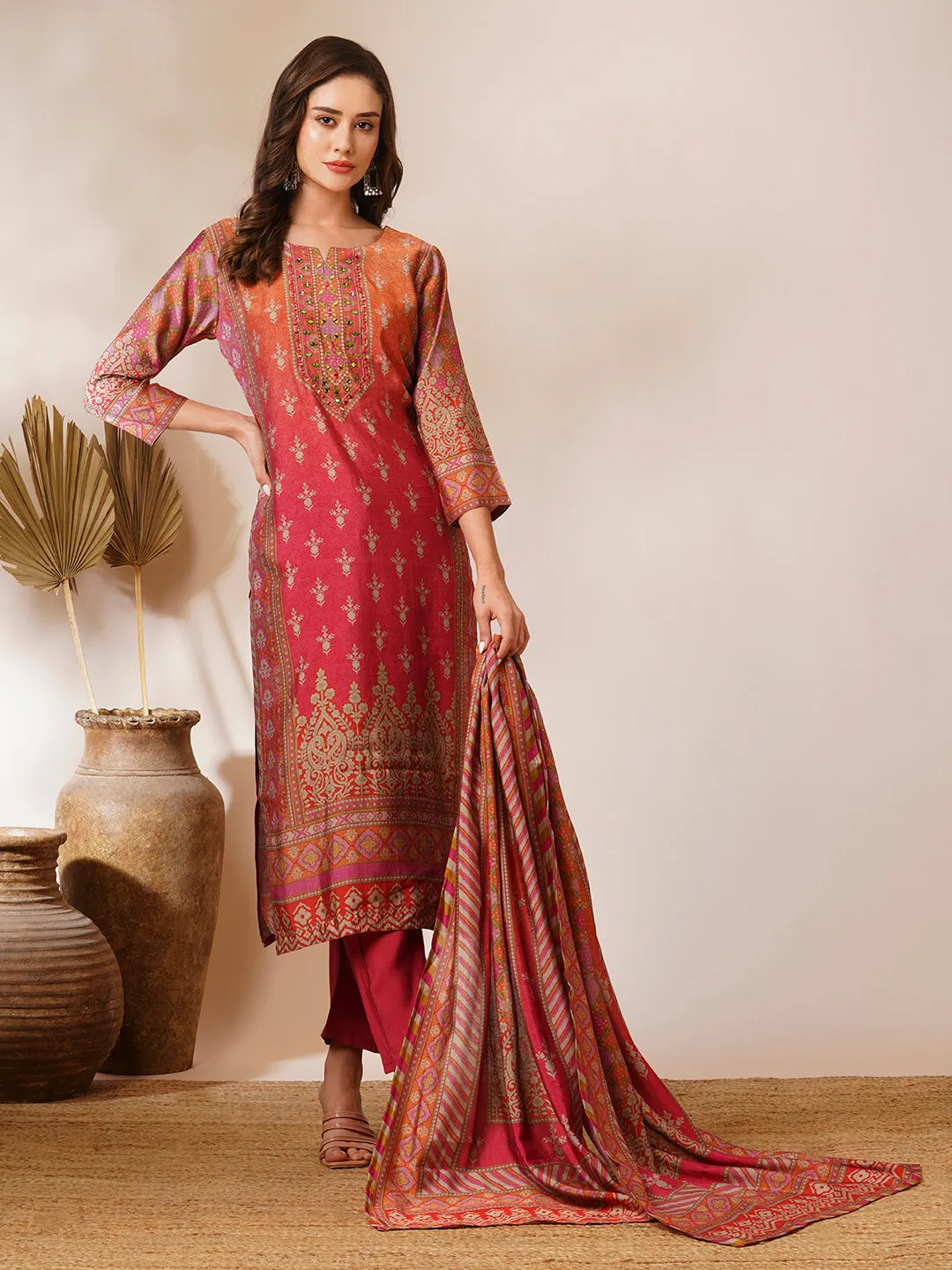 Ethnic Floral Printed Straight Fit Kurta with Pant and Printed Dupatta - Pink